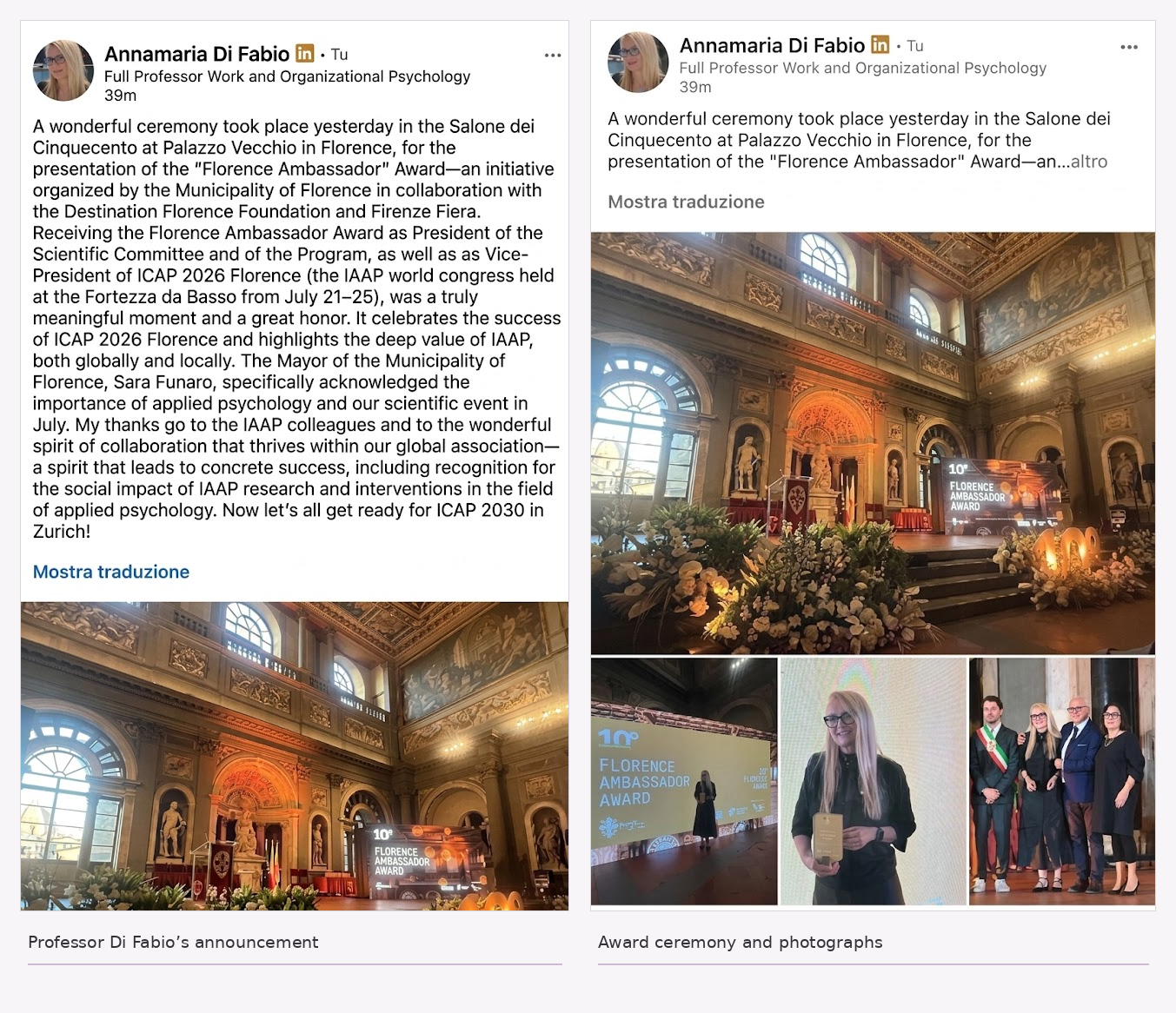 Professor Annamaria Di Fabio's Florence Ambassador Award announcement and ceremony photographs